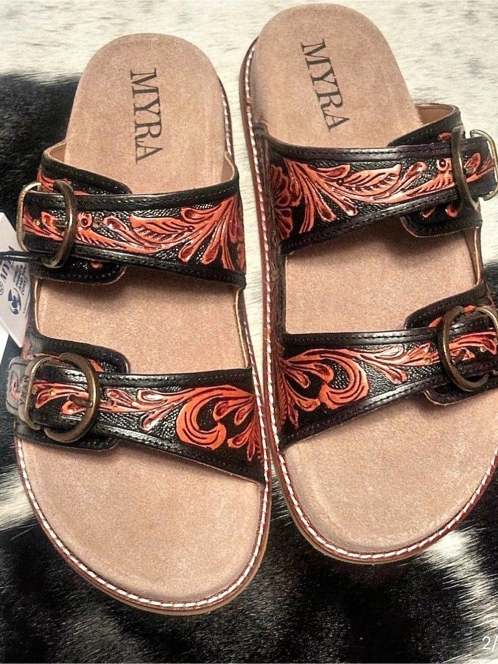 MYRA Embroidered Buckle Sandals in Black & Brown NWT